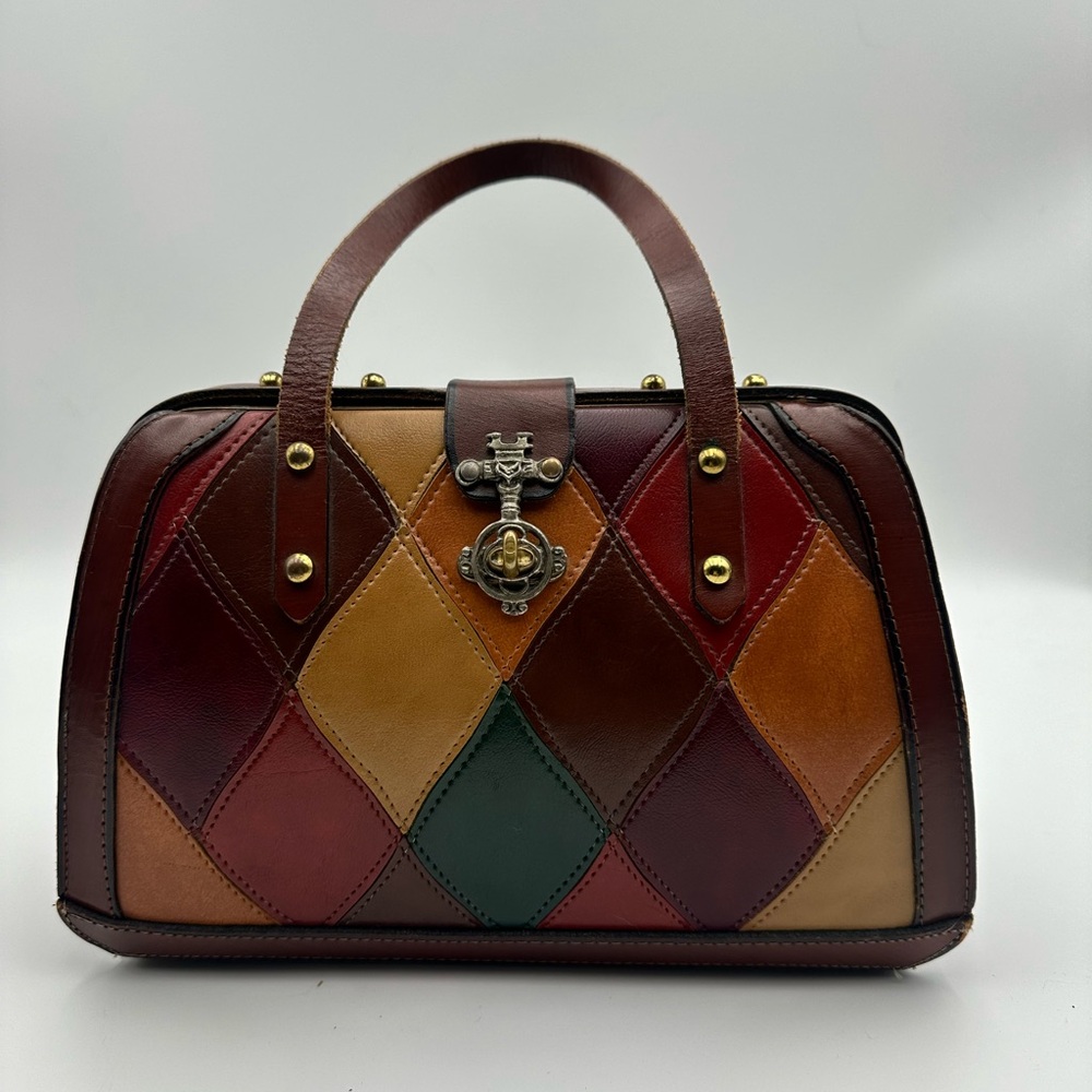 Brown and Red Patchwork Satchel with Gold Hardware